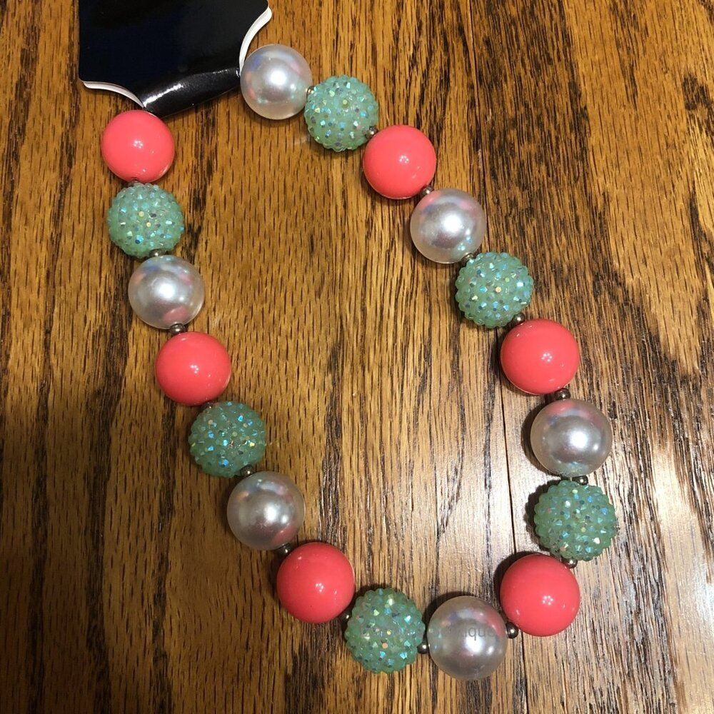 Mint Sparkle, Pink & Pearl White Chunky Bead Necklace NK7197 Handmade NWT